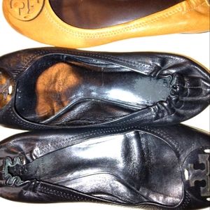Tory Burch tan slides and black